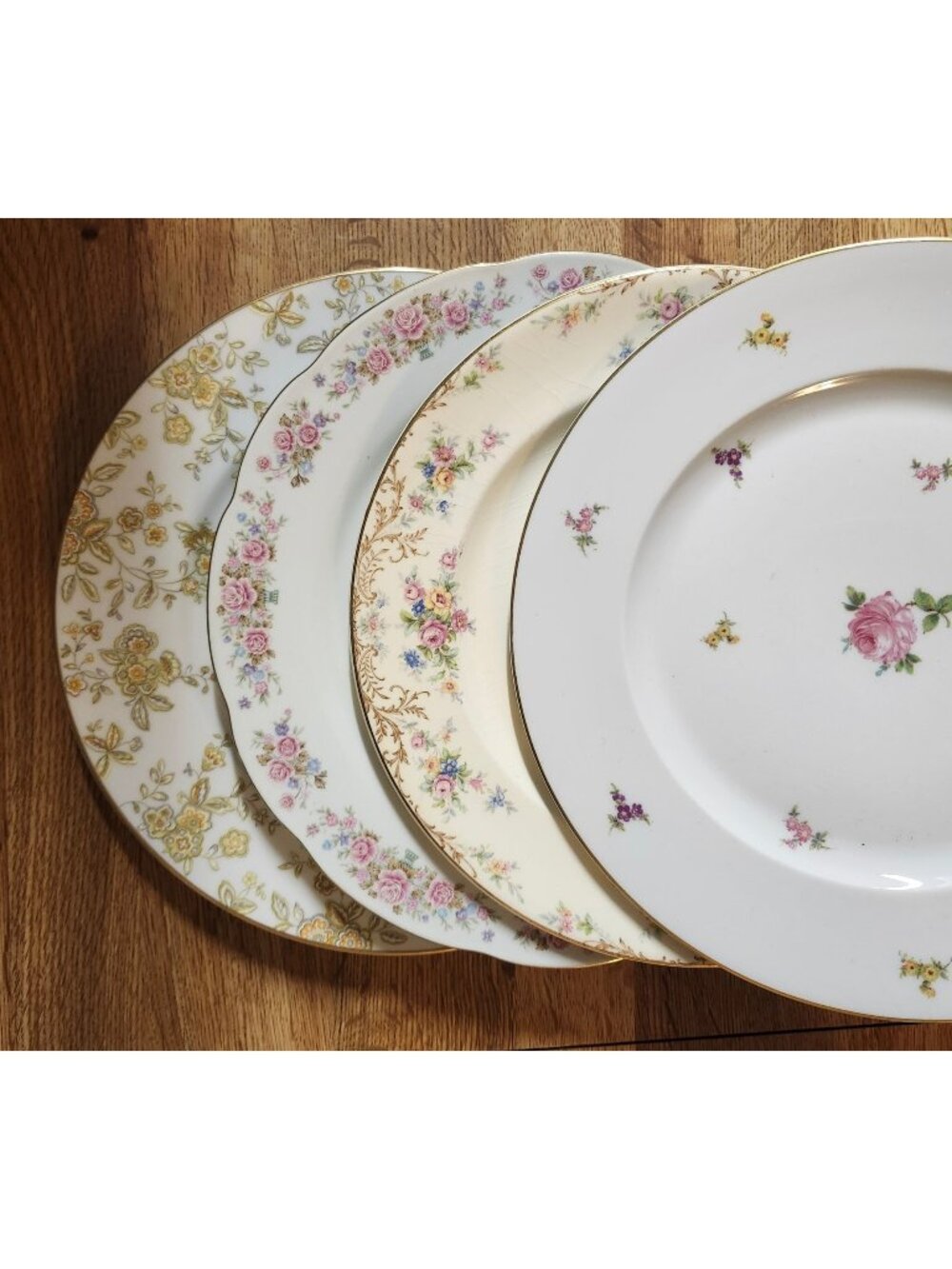 Mismatched Floral Fine China Dinner Plates ~10.75" Set of 4 Gold Rims Porcelain